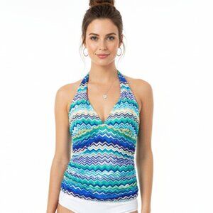 La Blanca Blue Print Tankini Contour Halter Swim Suit Top 10